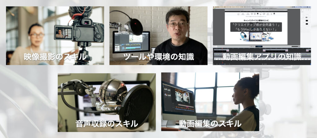 1.映像撮影のスキル 2.音声収録のスキル 3.ツールや環境の知識 4.動画編集のスキル5. 動画編集アプリの知識