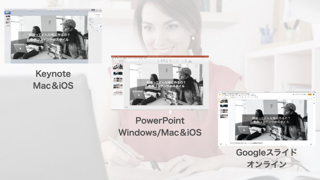 プレゼンテーションアプリ Keynote（Mac＆iOS） PowerPoint（Windows／Mac＆iOS） Googleスライド（オンライン）